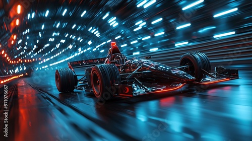 A futuristic racecar speeding through a digital tunnel, leaving behind a trai...