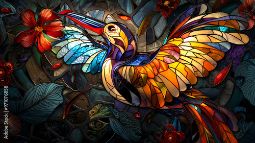 Wallpaper Mural Stained glass vector-style image of beautiful Puffin bird tail, tropical flowers, bird feathers, color coordinated abstract expressionism surrealism apophysis paisley design Torontodigital.ca