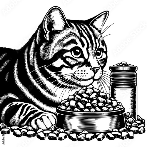 Cat with a food bowl and dry cat food in a monochrome illustration. Vector, generative ai.