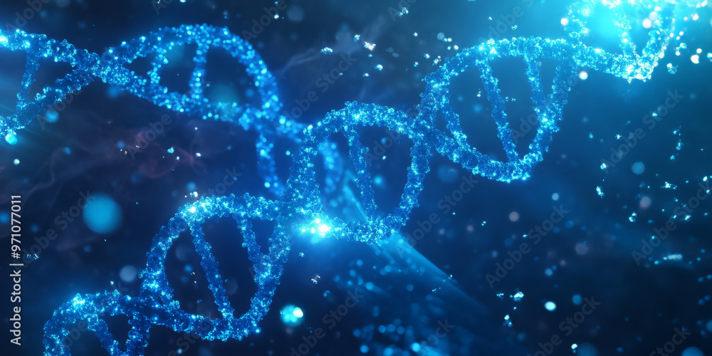 An abstract render of vibrant DNA helixes glowing in electric blue, with molecular particles shimmering around them, all set in the vastness of space. An abstract render of vibrant DNA helixes glowing in electric blue, with molecular particles shimmering around them, all set in the vastness of space.