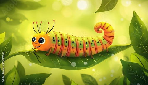 Whimsical caterpillar excitedly approaching a fresh leaf Ideal for a children s coloring book Digital artwork photo