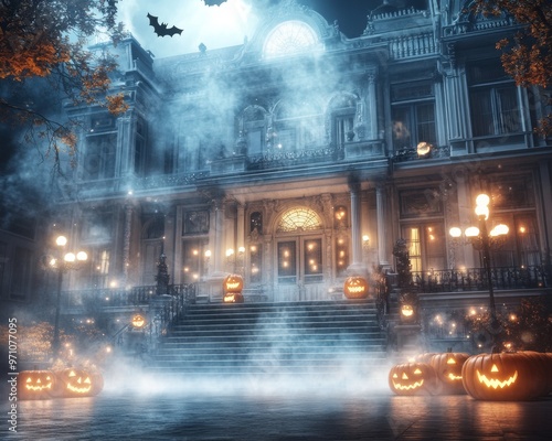 Spooky old theater decorated for Halloween glowing jack-o-lanterns lighting the steps