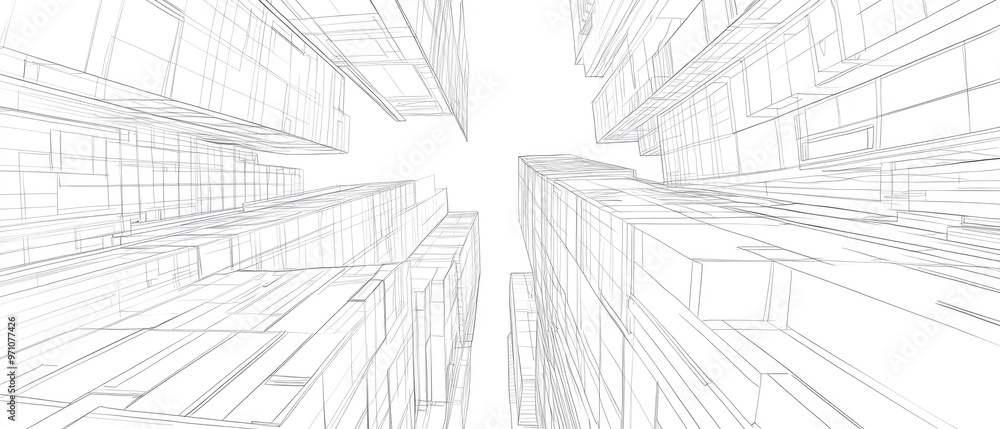 Abstract architectural illustration featuring line art of buildings in a 3D perspective Abstract architectural illustration featuring line art of buildings in a 3D perspective