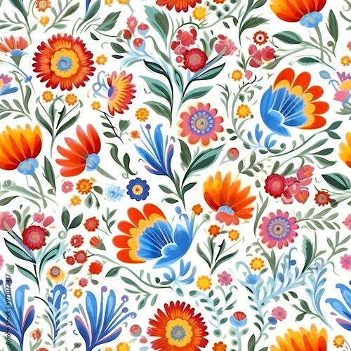 Colorful Floral Pattern with Blue, Orange, Yellow, Red, and Pink Flowers and Green Leaves.