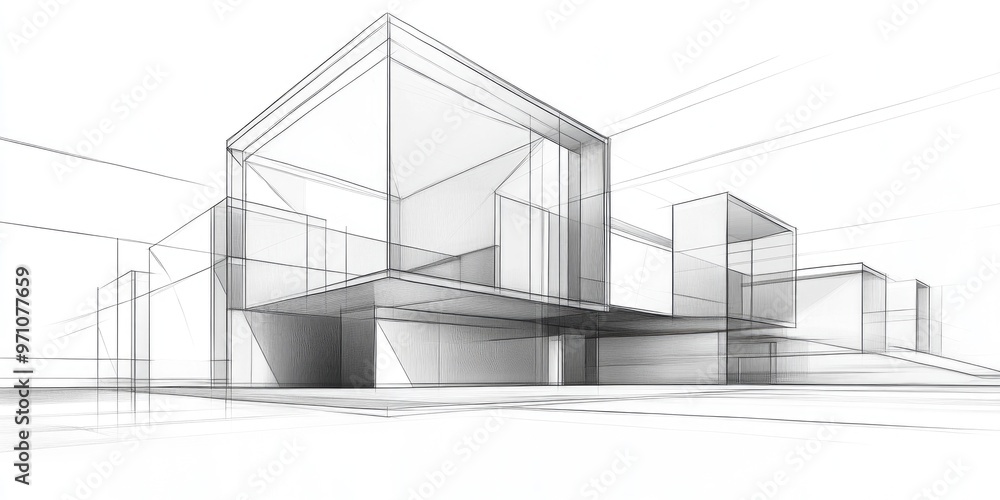 Line art illustration of contemporary modular architecture featuring an abstract facade in a 3D perspective Line art illustration of contemporary modular architecture featuring an abstract facade in a 3D perspective