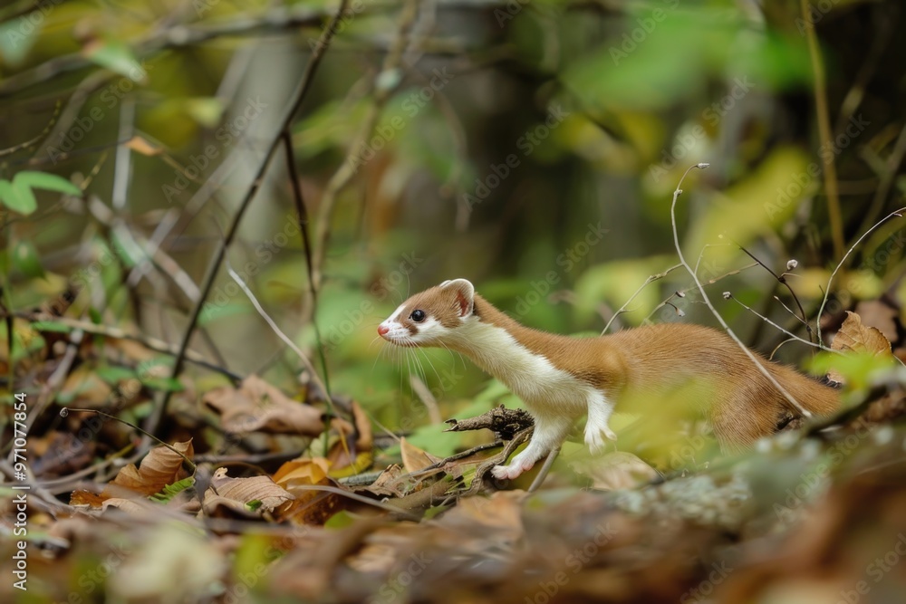 Alert weasel navigating through autumn forest foliage AI Alert weasel navigating through autumn forest foliage AI