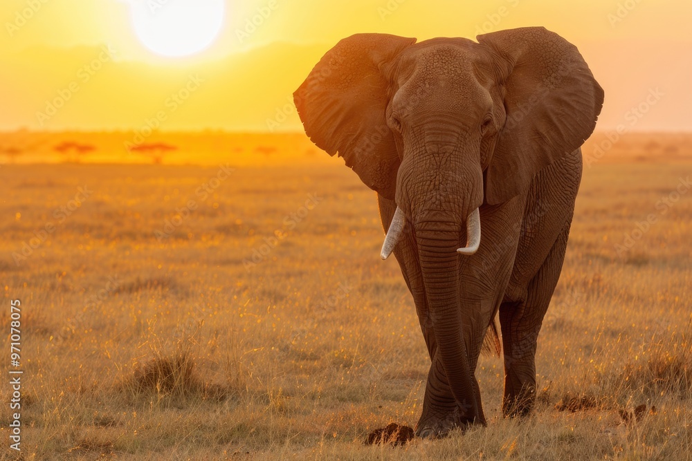 Fototapeta premium Majestic elephant strolling at sunset in the serengeti AI