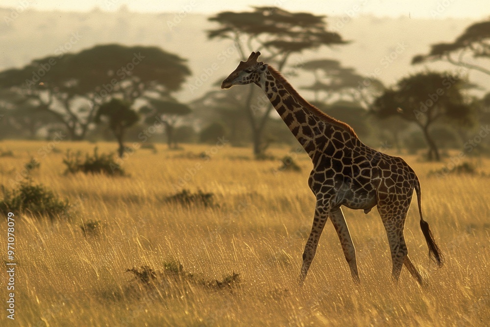 Majestic giraffe strolls across the serengeti at sunset AI Majestic giraffe strolls across the serengeti at sunset AI