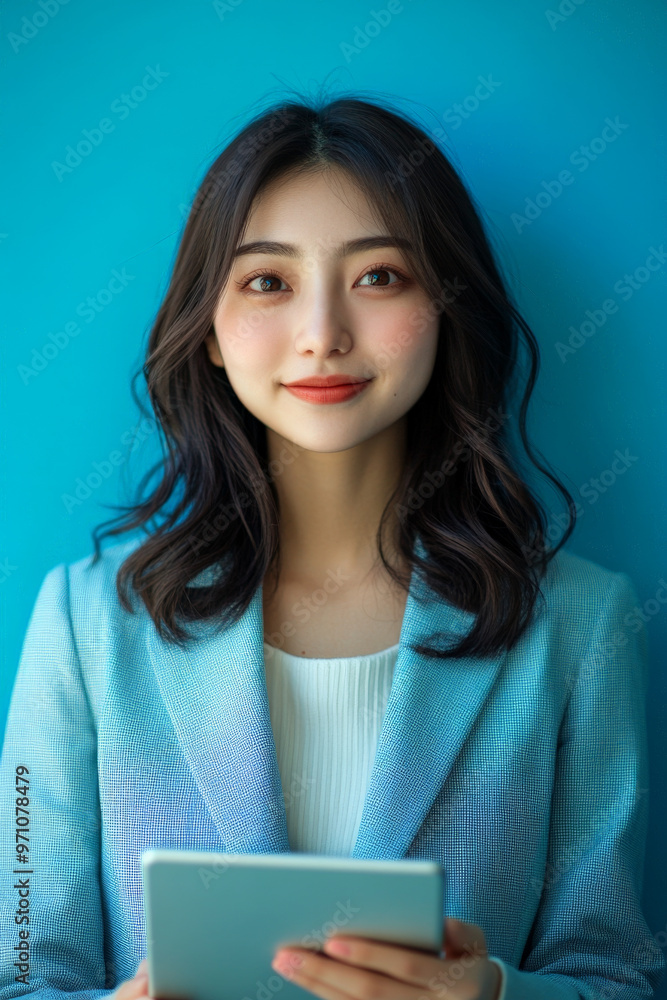 Young Japanese female entrepreneur working on a business presentation in a trendy office, glancing up and smiling at the camera, holding a tablet, with a vibrant blue background. Young Japanese female entrepreneur working on a business presentation in a trendy office, glancing up and smiling at the camera, holding a tablet, with a vibrant blue background.