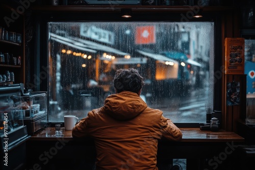 A person in an orange jacket is seen from the back, sitting in a cafe by the window, looking out at a rainy street with blurred lights and pedestrians in view.