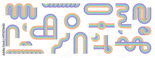 Zen arch colorful set, simple rainbow line arch and shapes. Geometric Japanese zen pattern minimal elements.