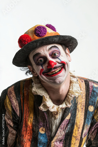 Middle-aged Brazilian man dressed as a creepy clown, smiling manically, standing on a white background.