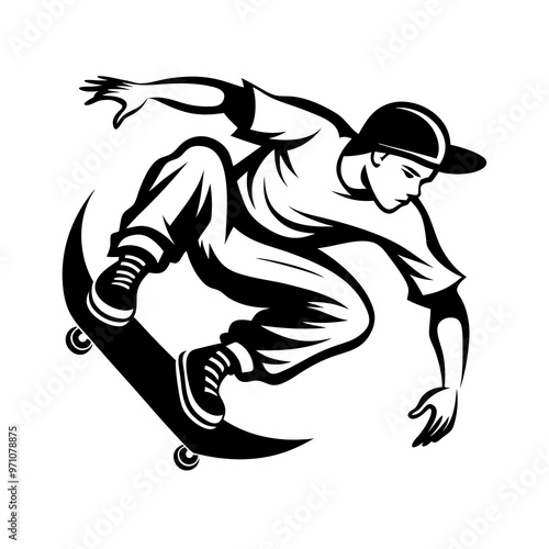 Skateboarder with daring performing flip against white background