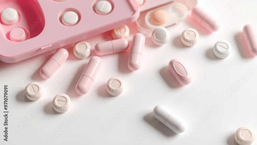 Birth Control Pink and White Pills in a Pill Organizer on White Background Birth Control Pink and White Pills in a Pill Organizer on White Background