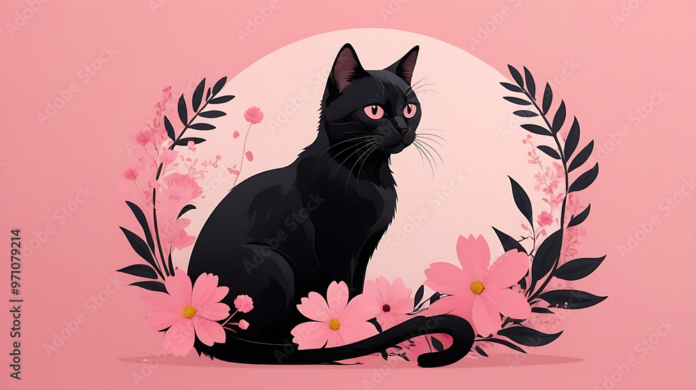 Black cat with pink flower, photo of cute black feline, spring background Black cat with pink flower, photo of cute black feline, spring background