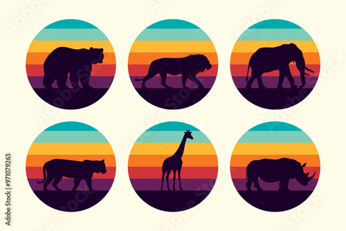 Vector set of animals on retro sunset background.
