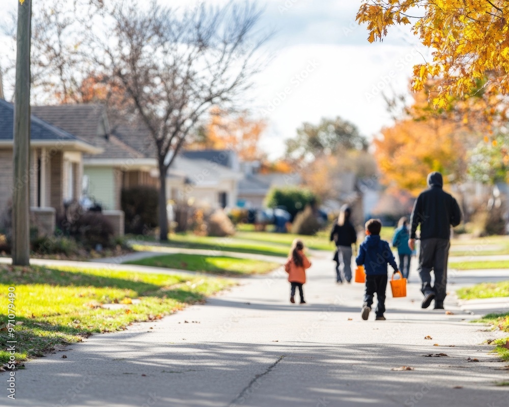 Obraz premium Suburban neighborhood lined with Halloween decorations families walking together