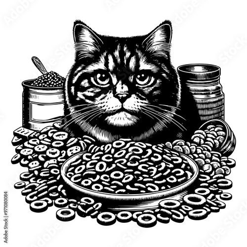 Cat with a food bowl and dry cat food in a monochrome illustration. Vector, generative ai.