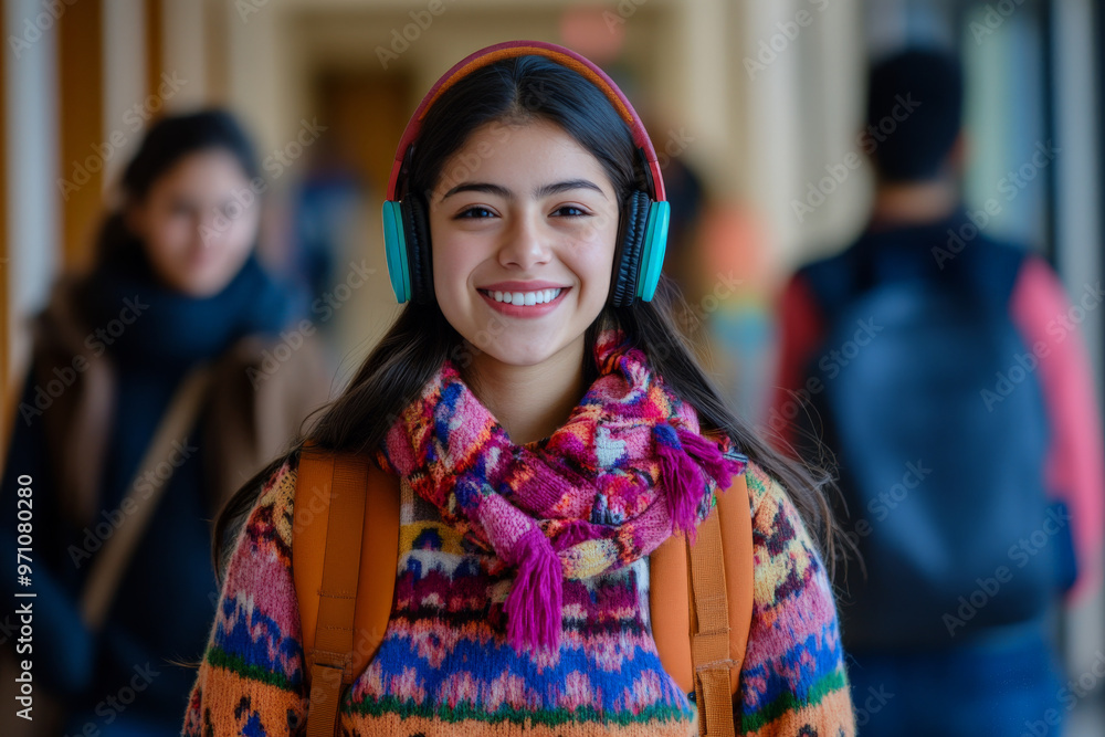 A cheerful Hispanic female student, wearing a colorful outfit, is walking down the hallway, completely lost in her music. Her headphones are on, and her expression is serene and content as she strolls A cheerful Hispanic female student, wearing a colorful outfit, is walking down the hallway, completely lost in her music. Her headphones are on, and her expression is serene and content as she strolls