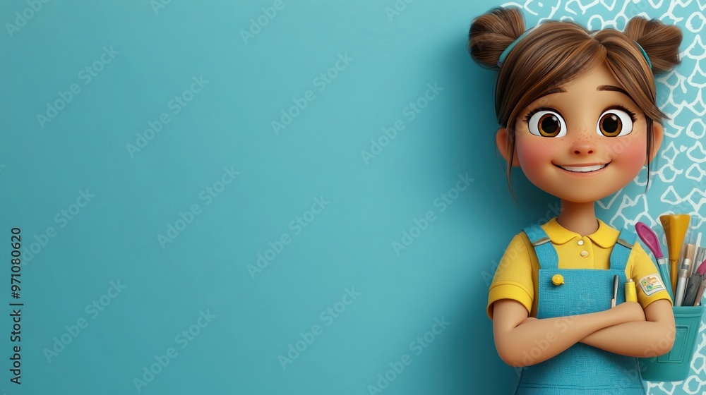 A cheerful animated character stands against a blue background, showcasing creativity tools. A cheerful animated character stands against a blue background, showcasing creativity tools.