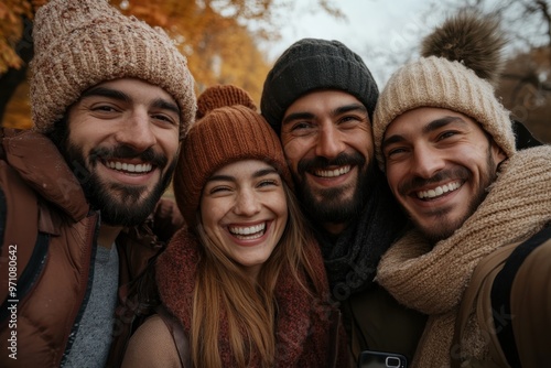 A group of four friends wearing warm clothing and beanies stand close together, smiling brightly for a selfie, capturing a moment of togetherness and joy.