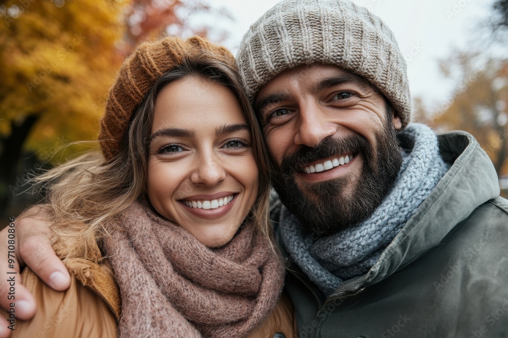 A beaming couple in a park, bundled up warmly in autumn attire, enjoy a tender moment together as they capture their happiness through a selfie. A beaming couple in a park, bundled up warmly in autumn attire, enjoy a tender moment together as they capture their happiness through a selfie.