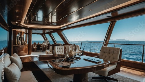 Luxurious yacht interior as a mobile office with ocean views.1