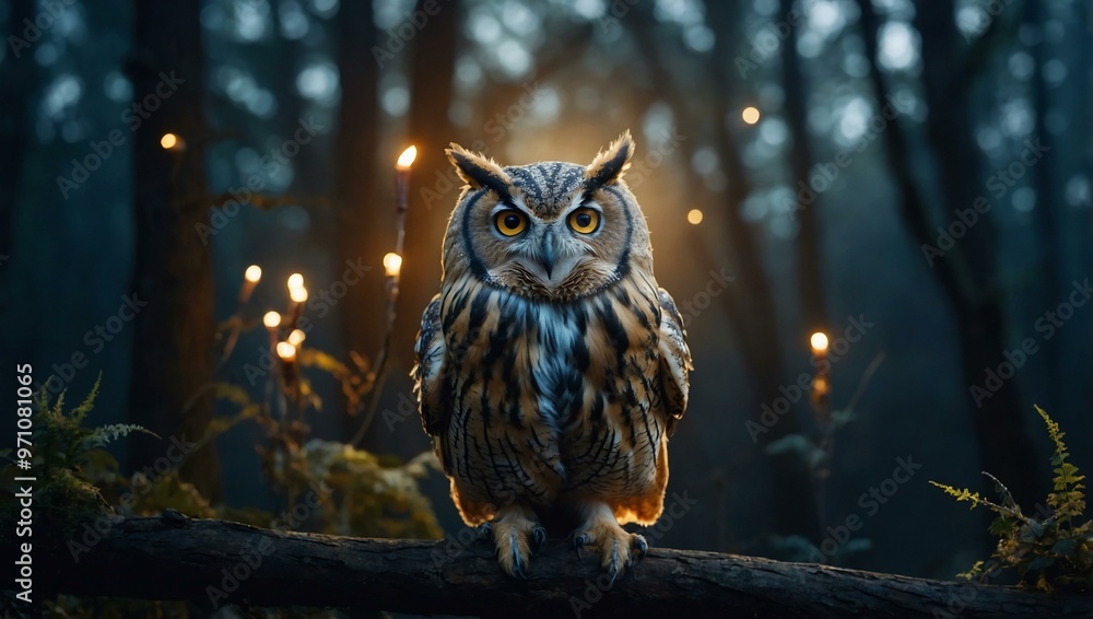 Magical scene with a wizard owl holding a glowing staff. Magical scene with a wizard owl holding a glowing staff.