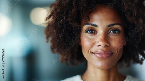 A warmly smiling woman with voluminous curly hair looks directly at the camera in a natural setting, celebrating simple elegance and authenticity with a soft ambiance.