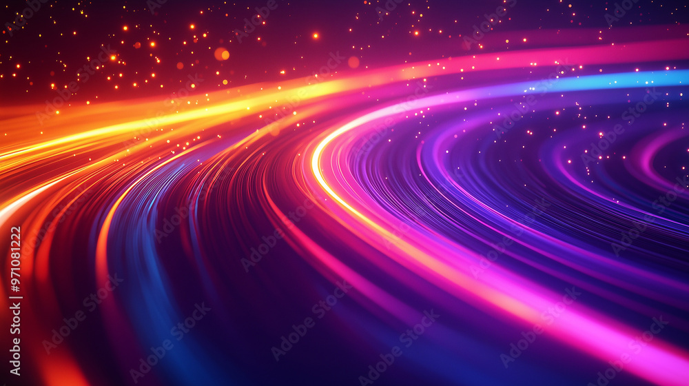 Dynamic Neon Curved Streaks Of Light With Sparkling Particles In Motion Dynamic Neon Curved Streaks Of Light With Sparkling Particles In Motion