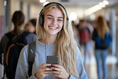 A smiling Caucasian female high school student with blonde hair, wearing a casual outfit, is standing in the hallway, listening to music with her headphones while texting on her smartphone. The busy