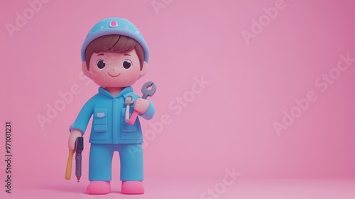 A cheerful cartoon character in blue overalls holding tools against a pink background.