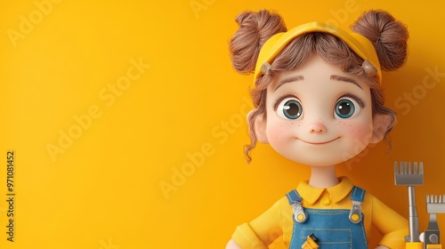 A cheerful animated girl in a yellow outfit, holding gardening tools against a bright background.