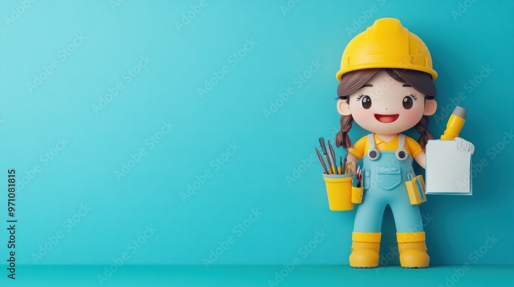 A cheerful cartoon character in a construction outfit holding tools and a clipboard.