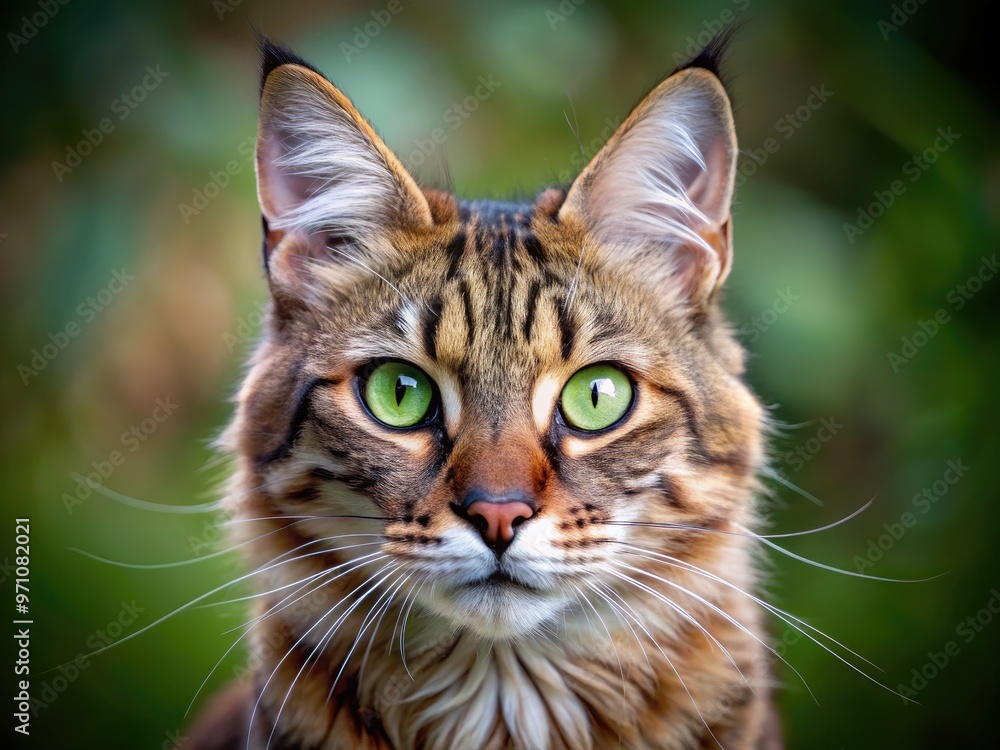 Majestic lynx tabby cat with striking coat patterns and piercing green eyes gazes directly ahead, showcasing its regal and mysterious feline beauty. Majestic lynx tabby cat with striking coat patterns and piercing green eyes gazes directly ahead, showcasing its regal and mysterious feline beauty.