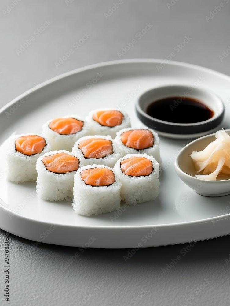 A plate of sushi rolls with salmon, soy sauce, and pickled ginger. A plate of sushi rolls with salmon, soy sauce, and pickled ginger.