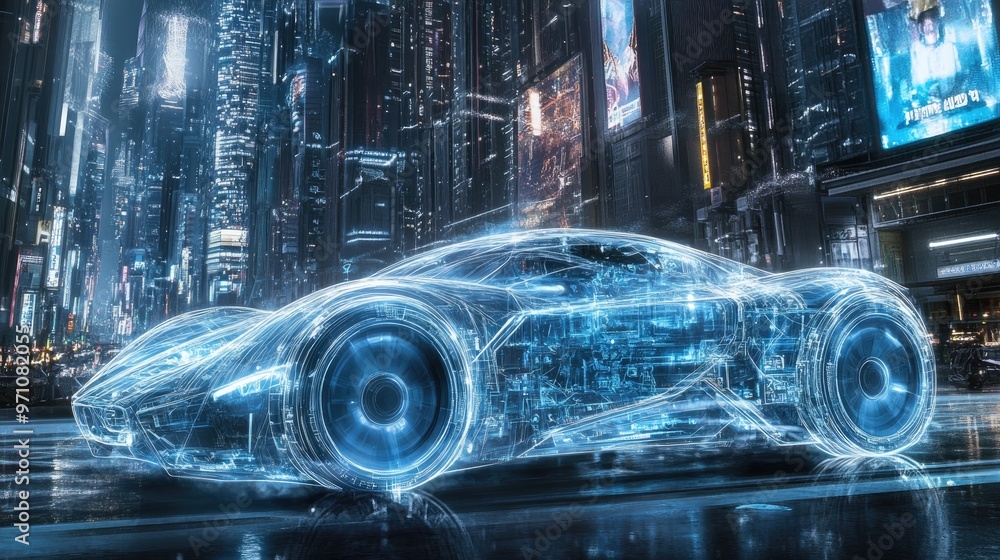 A futuristic car design illuminated in a neon cityscape, showcasing advanced technology. A futuristic car design illuminated in a neon cityscape, showcasing advanced technology.