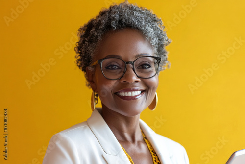 Senior African American businesswoman with a touchpad, smiling warmly at the camera, in a modern office, with a yellow background.