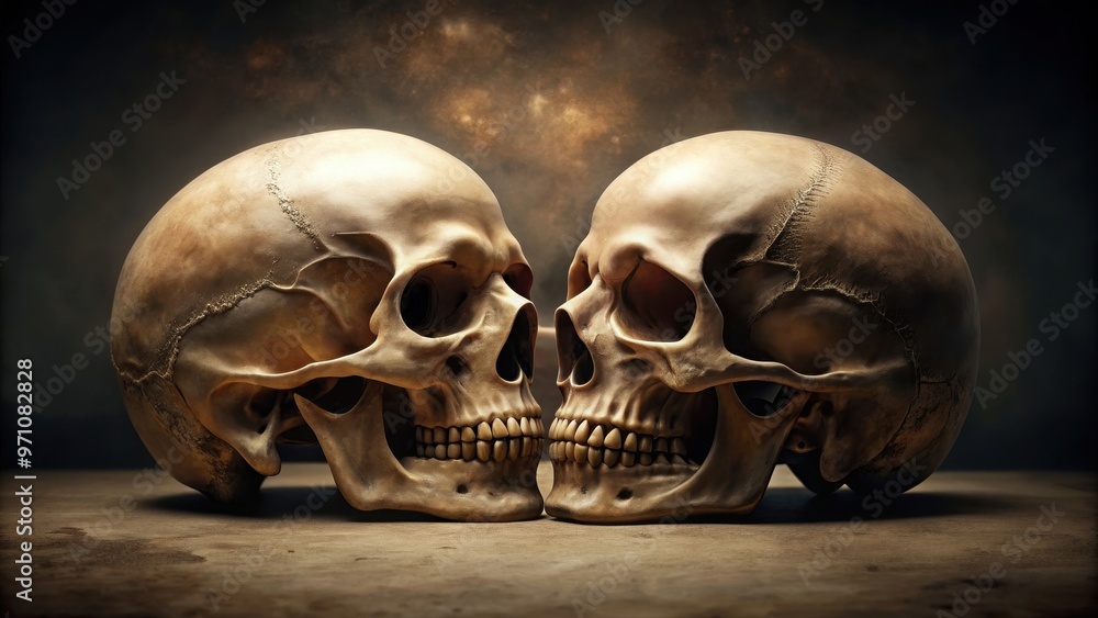 Romantic moment between two human skulls with intertwined bones , love, macabre, romance, unity, dark, eerie, gothic Romantic moment between two human skulls with intertwined bones , love, macabre, romance, unity, dark, eerie, gothic