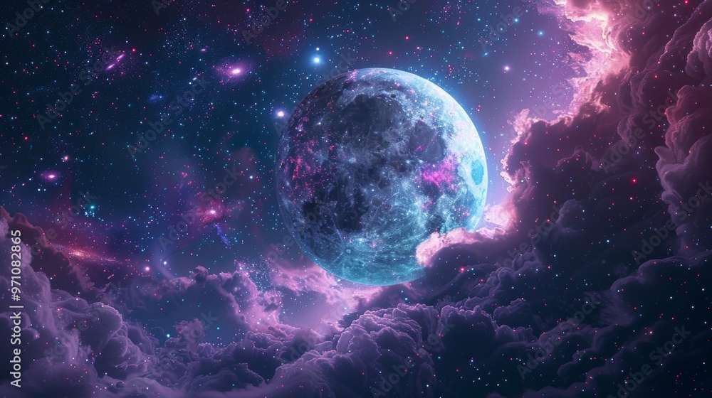 Mesmerizing Cosmic Landscape with Ethereal Moon and Swirling Galaxies Mesmerizing Cosmic Landscape with Ethereal Moon and Swirling Galaxies