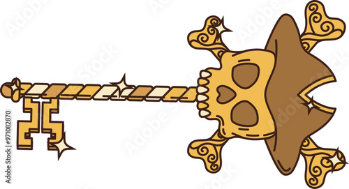 Cartoon groovy pirate and corsair ancient key. Isolated vector mysterious golden skeleton key with skull, crossbs and tricorn hat, whispers tales of forgotten secrets and unlock doors to the past