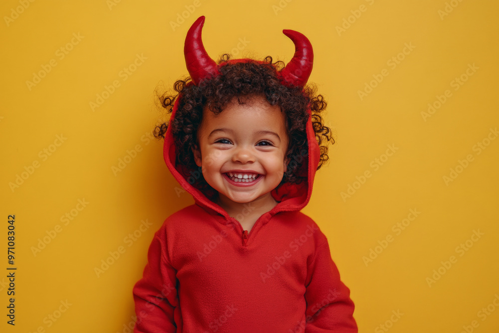 African American preschooler in a devil costume with a big crazy smile, standing on a bright yellow background. African American preschooler in a devil costume with a big crazy smile, standing on a bright yellow background.