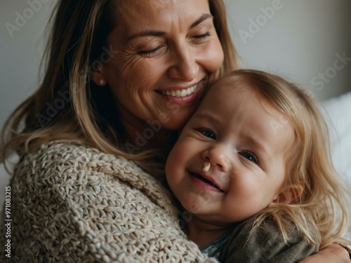 Mother cuddling her smiling baby.