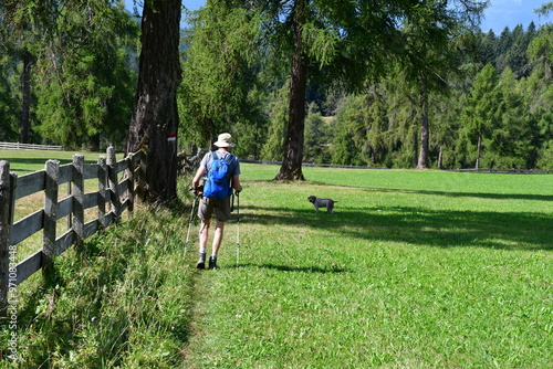 Obraz na płótnie Mann und sein Lagotto Romagnolo Hund wandern auf dem Salten in Südtirol w salonie