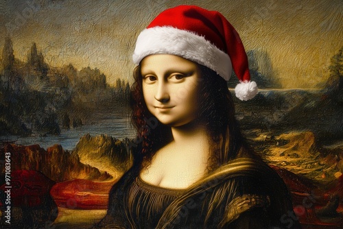 This artwork features the classic Mona Lisa adorned with a bright red Santa hat, blending traditional Renaissance art with cheerful holiday spirit, creating a whimsical twist