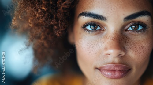 A captivating portrait focusing on a woman with freckles and curly hair, highlighted by the natural texture and warm lighting, exudes artistic allure and simplicity.