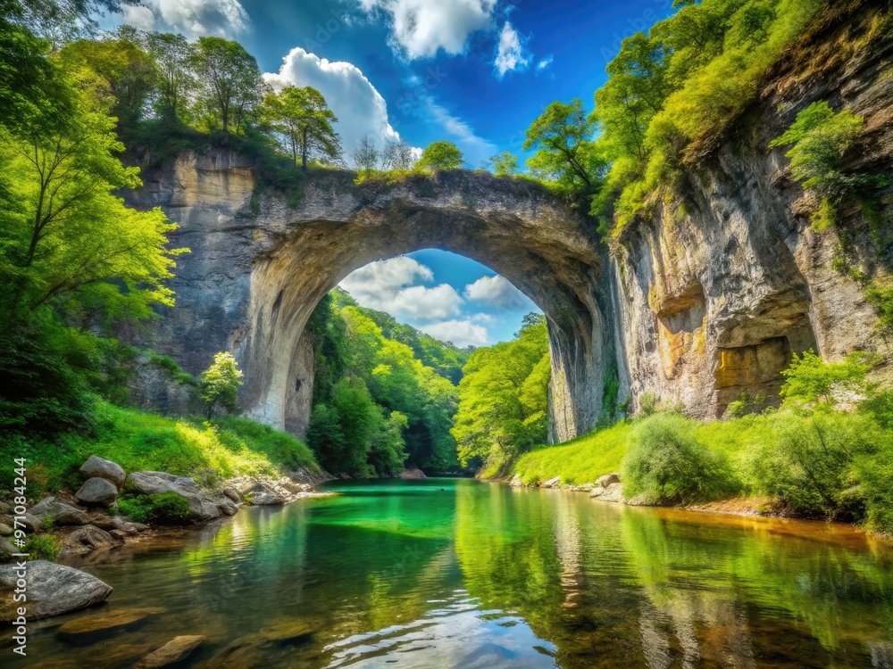 Majestic natural limestone arch, surrounded by lush green forest, spans clear blue waters of Cedar Creek in Natural Bridge State Park, Virginia. Majestic natural limestone arch, surrounded by lush green forest, spans clear blue waters of Cedar Creek in Natural Bridge State Park, Virginia.