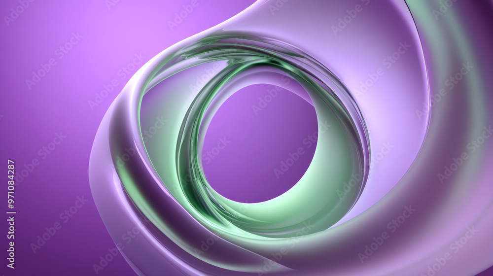A swirling, abstract shape in shades of purple and green stands out against a purple background. This 3D design was created using computer technology. A swirling, abstract shape in shades of purple and green stands out against a purple background. This 3D design was created using computer technology.