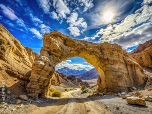 Majestic natural rock bridge forms a picturesque arch over a desert trail in Death Valley National Park, California, under a vibrant blue sky. photo