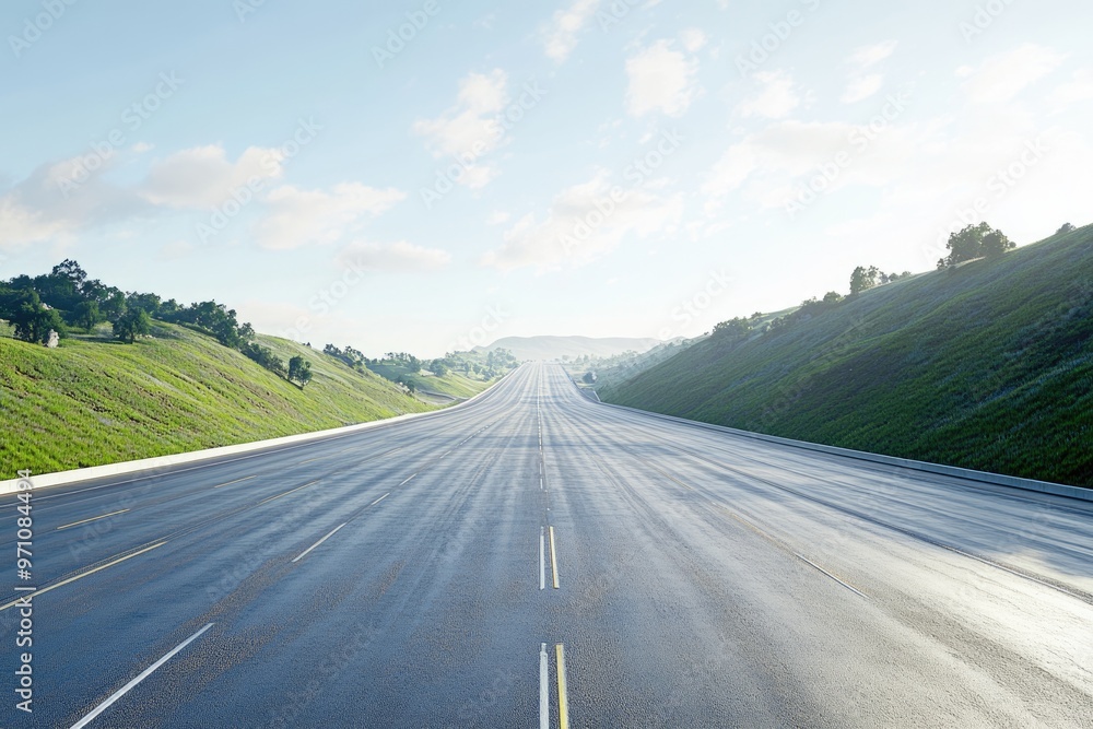 Fototapeta premium Empty Four Lane Freeway with Dashed Lines and Grass Hillside